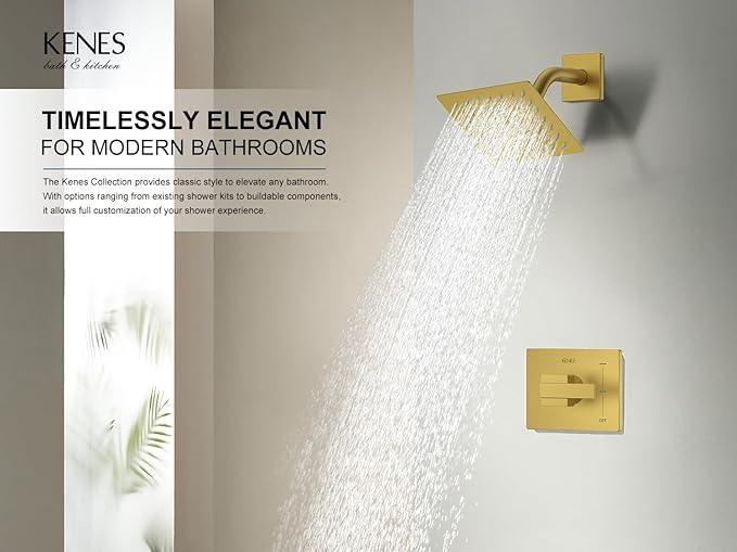 KENES Brushed Gold Shower Faucet, Modern Square 6-Inch Shower Head and Handle Set, Bathroom Rainfall Shower System Wall Mount, KE-6025B-4 (Including Shower Valve) - ModernBath
