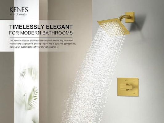 KENES Brushed Gold Shower Faucet, Modern Square 6-Inch Shower Head and Handle Set, Bathroom Rainfall Shower System Wall Mount, KE-6025B-4 (Including Shower Valve) - ModernBath