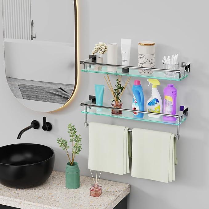 Glass Shelf for Bathroom Wall Sheves 24 inches Rectangular Stainless Steel Tempered Glass Modern Wall Mount Accessories Organizers Storage (Chrome Polished, 24‘’) - ModernBath