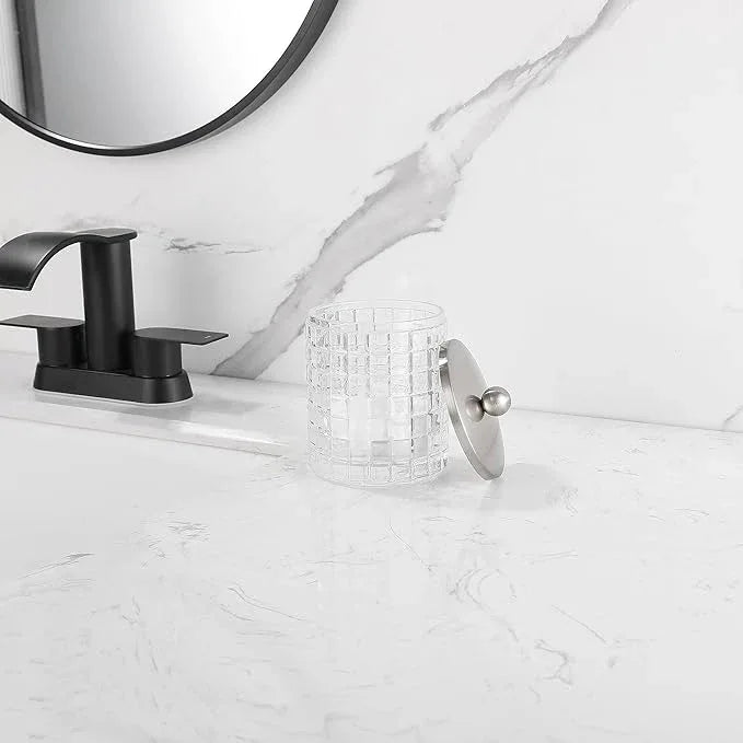 Indecor Home Clear transparent Apothecary Etched Geometric Grid Glass Jar W/Satin Nickel Metal Lid Cover for Bathroom Organization, Cotton Balls, Q Tips, and Small Accessories, Bathroom Storage - ModernBath