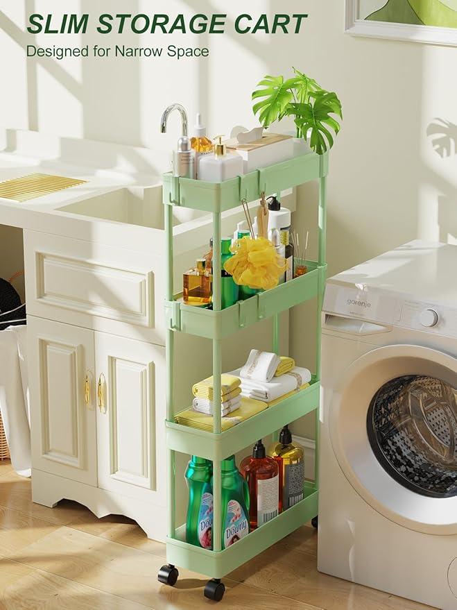 LEHOM 5.1" Slim Storage Cart - 4 Tiers Bathroom Organizer Mobile Shelving Unit Storage Rolling Utility Cart Slide Out Organizer for Kitchen Bathroom Laundry Narrow Places, Green - ModernBath