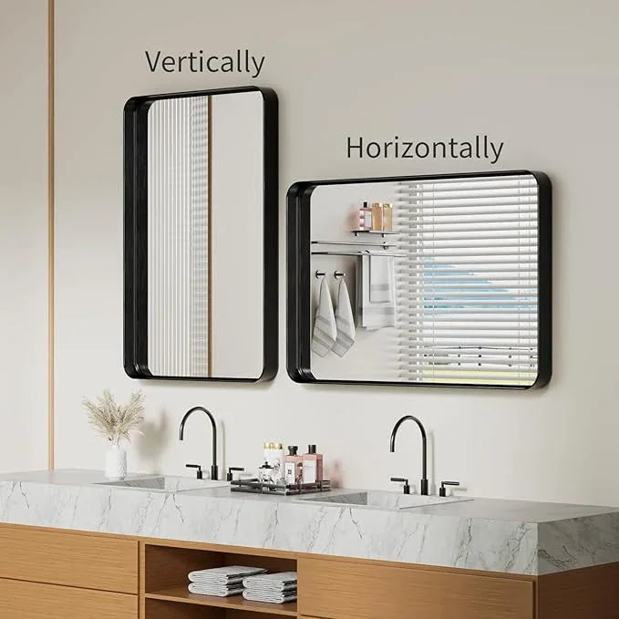 Koonmi Black Wall Mirror for Bathroom, 24x36 Inch Matte Deep Framed Rounded Rectangle Vanity Mirror for Farmhouse Living Room, Tempered Glass, Anti-Rust, Vertically or Horizontally - ModernBath