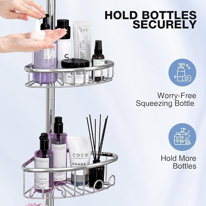 Corner Shower Caddy Tension Pole: Stainless Steel Rustproof 4-Tier Shower Organizer - 47-121 inch Adjustable Bathroom Shelves for Bathtub Shampoo Storage - Tension Rod Floor Standing Bath Rack -Silver - ModernBath