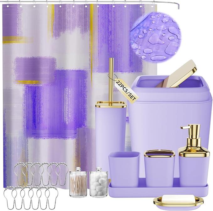 XLHOMO Purple Bathroom Accessories Set, Bathroom Sets with Shower Curtain, Purple Bathroom Accessories with Trash Can, Soap Dispenser, Soap Dish, Toilet Brush Holder, Qtip Holders for Bathroom - ModernBath