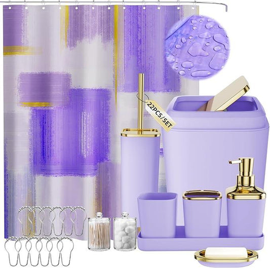 XLHOMO Purple Bathroom Accessories Set, Bathroom Sets with Shower Curtain, Purple Bathroom Accessories with Trash Can, Soap Dispenser, Soap Dish, Toilet Brush Holder, Qtip Holders for Bathroom - ModernBath