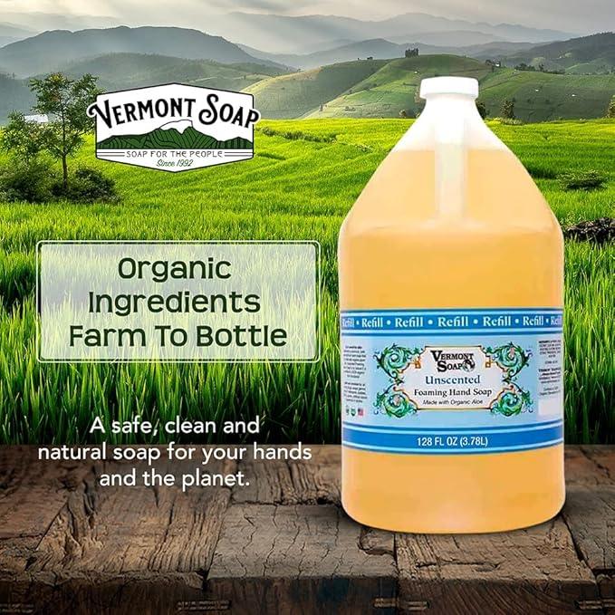 VERMONT SOAP Organics Foaming Hand Soap, Liquid Soap with Pre-diluted Formula - Ready to Use Simply Unscented Hand Soap With Convenient and Economical Gallon Refill Size - ModernBath