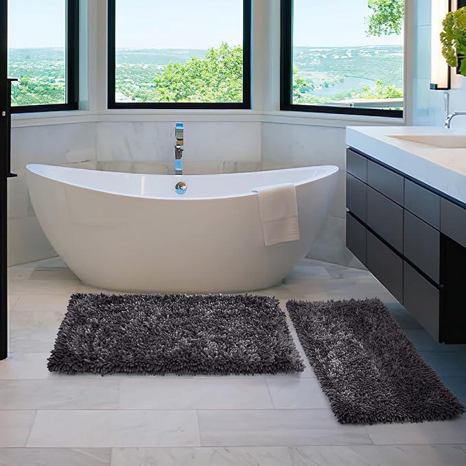 Yimobra Bathroom Rug Set 2 Piece, Luxury Shaggy Bath Mat Set with Non Slip Backing, Ultra Soft & Absorbent Mats for Bathroom Floor, Machine Washable, 44"x24"+24"x17", Dark Grey - ModernBath
