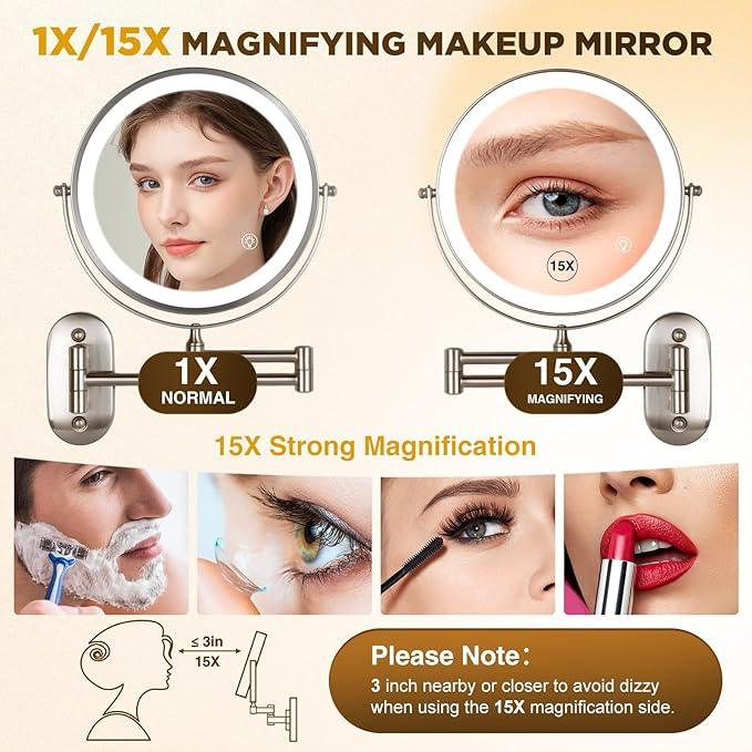 VORREMIRR Magnifying Mirror with Lights 1x/15x: 8.5" Double Sided Wall Mounted Lighted Makeup Mirror for Bathroom, 3 Color Lights & 360°Swivel Vanity Mirror, Brushed Nickel - ModernBath