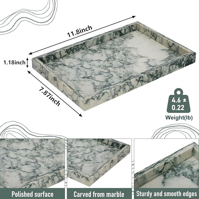 MULWR Marble Bathroom Tray,Pure Natural Vanity Tray,Marble Tray for Kitchen Counter Non-Ceramic/Non-Resin,Stone Trays 12 x 8 inch Cyan Green - ModernBath