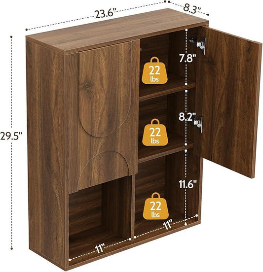 Bathroom Wall Cabinet, 24x30 Inch Small Over The Toilet Storage Cabinet, Walnut Space Saver Hanging Wall Mounted Medicine Cabinet Organizer with 2 Doors, Open Adjustable Shelf for Laundry Room Kitchen - ModernBath