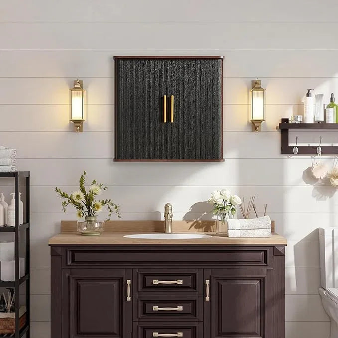Laundry Room Wall Cabinet with Fluted Sliding Door, 29.5" W Bathroom Medicine Cabinet with Adjustable Shelf, Wall Mounted Storage Cabinet for Living Room Kitchen, 11.7" D x 29.5" W x 27.68" H - ModernBath