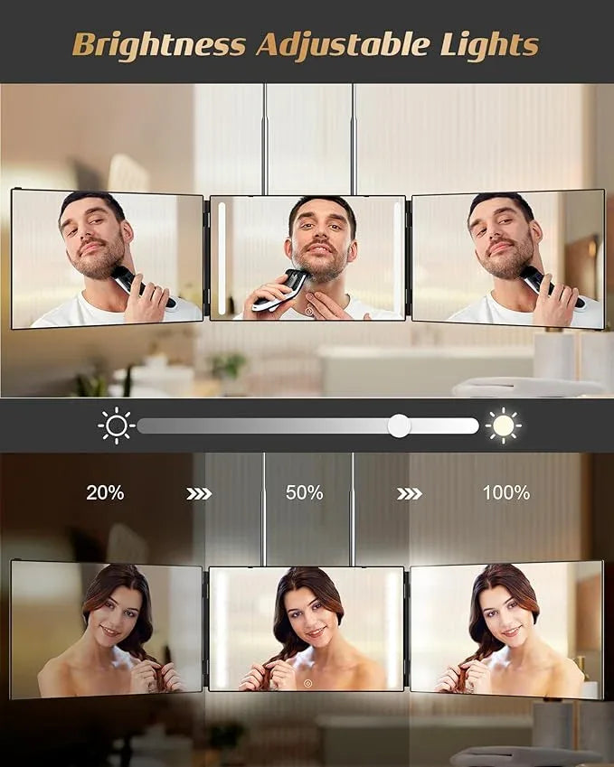 JUSRON 360 Viewing Angle Self Hair Cutting Mirror, Clear Anti-Fog HD Glass (Black with LED with Accessories) - ModernBath