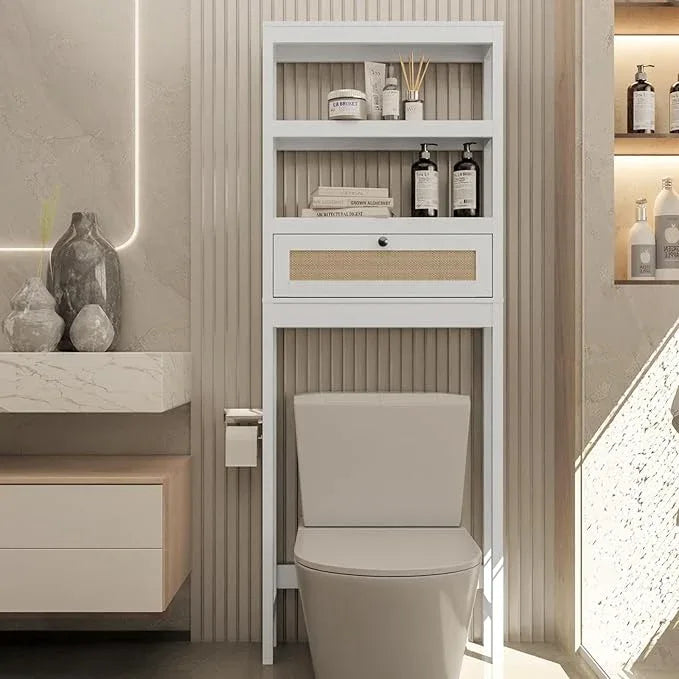 Over The Toilet Storage Cabinet, Behind Toilet Bathroom Organizer with Adjustable Shelves, Above Toilet Organizers with Rattan Door, Space Saver for Restroom, Bathroom, Laundry - ModernBath