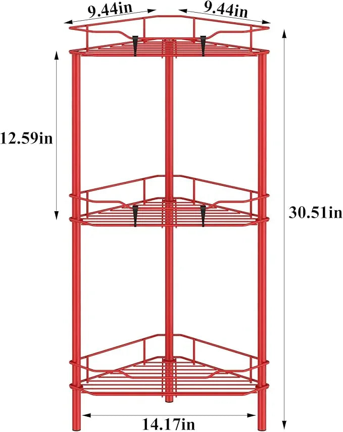 3 Tier Floor Standing Corner Shower Caddy Organizer Shelf with Hooks, Bathroom Shelves Stand Rack, Red - ModernBath