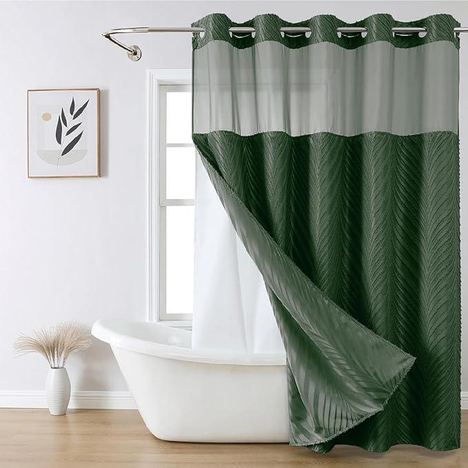 No Hook Shower Curtain and Liner Set,No Hook Tufted Striped Textured Shower Curtain with Snap in Liner Replacement and Waterproof Fabric,Boho Style with See Through Top Window,DarkGreen,71Wx80H - ModernBath