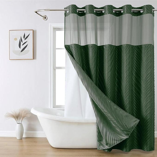 No Hook Shower Curtain and Liner Set,No Hook Tufted Striped Textured Shower Curtain with Snap in Liner Replacement and Waterproof Fabric,Boho Style with See Through Top Window,DarkGreen,71Wx77H - ModernBath