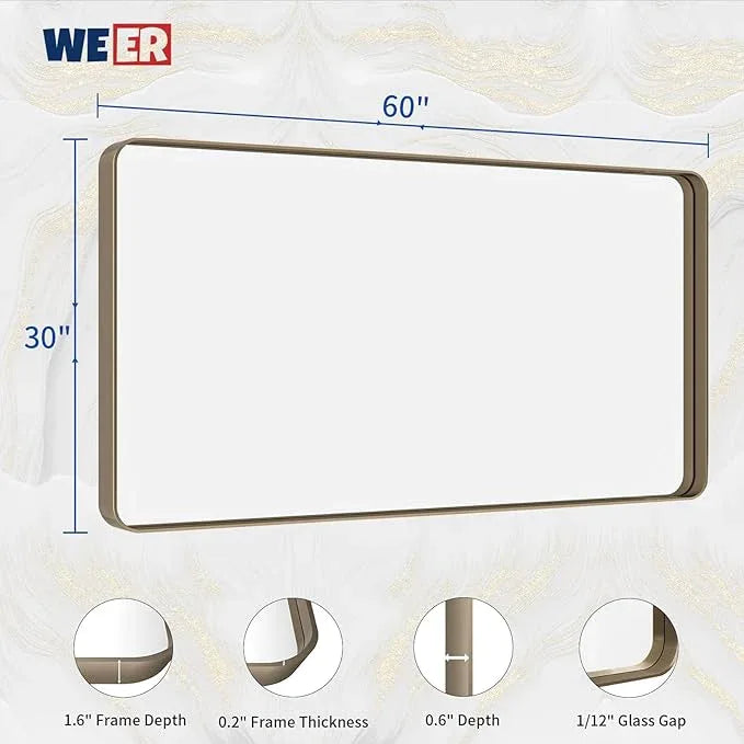 WEER 60x30 Inch Bronze Bathroom Mirror for Vanity, Brushed Bronze Metal Frame Rounded Rectangle Mirror with Tempered Glass, Anti-Rust (Horizontal/Vertical) - ModernBath