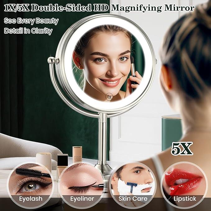 VESAUR 11.8" Extra Large 17" Tall Lighted Makeup Mirror, 1X/5X/10X 3-Sided Magnifying Mirror with 96 LEDs, 3 Color Dimmable Lights, 360° Swivel Dual Power Vanity Mirror, Nickel Finish Luxury Gift Box - ModernBath