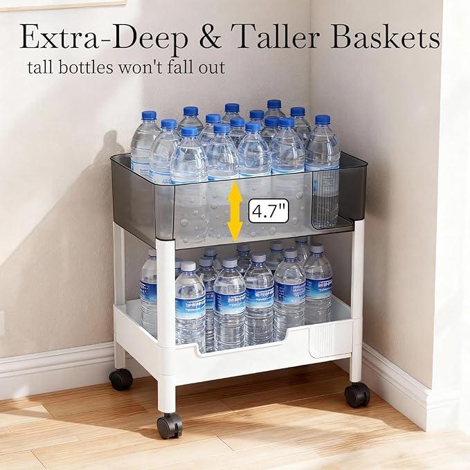 2 Tier Rolling Cart with Wheels for Under Desk Storage, Heavy Duty Plastic Short Small Utility Cart for Small Space Pantry Room Kitchen Laundry Bathroom, 4.7'' Deep Baskets for Tall Bottles - ModernBath