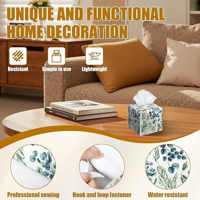 Eucalyptus Sage Tissue Box Cover 2PCS, Plants Leather Tissue Box Holder Square Facial Paper Case Tissue Box Cube Organizer for Bathroom Bedroom Desk Office - ModernBath