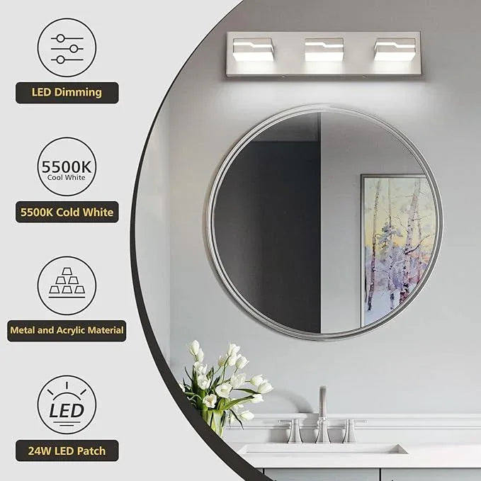 Merexcint LED Modern Bathroom Vanity Light Fixtures 3-Light, 19 inch Dimmable Nickel Vanity Lights for Bathroom Lighting Fixtures Over Mirror, with 350°Rotatable Acrylic Heads(White Light 5500K) - ModernBath