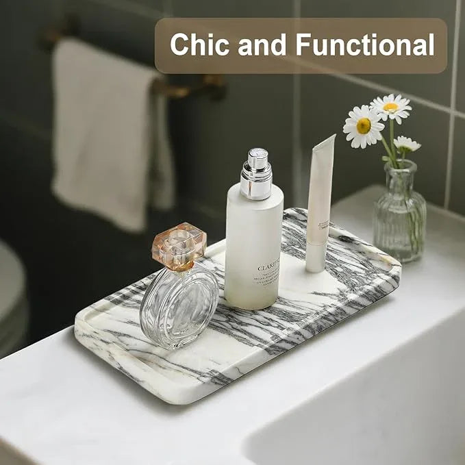 Natural Marble Vanity Tray - Moujings Genuine Marble Perfume Tray for Bathroom Decor, Stone Bathroom Vanity Organizer Tray for Kitchen Counter, Candles, Jewelry, Coffee, Makeup, Key - ModernBath