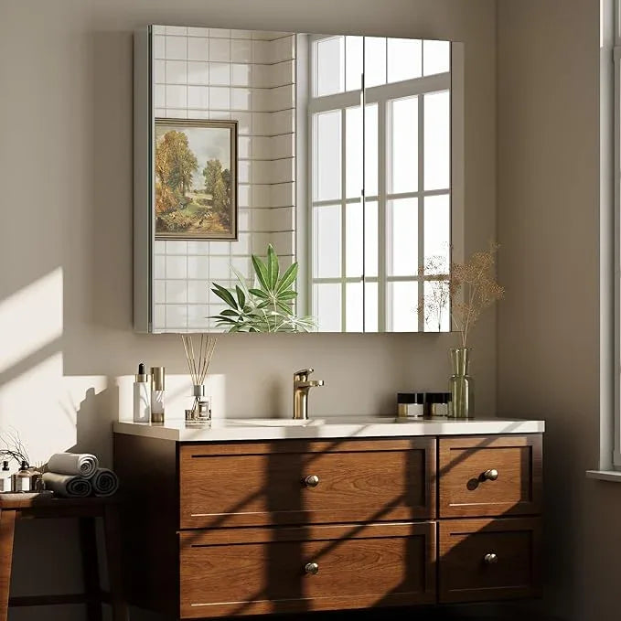 Bathroom Medicine Cabinet Mirror with Storage, 36 Inch x 26 Inch Silver Medicine Cabinet with Double Door & Adjustable Shelves for Vanity, Aluminum Surface, Wall-Mount or Recessed - ModernBath