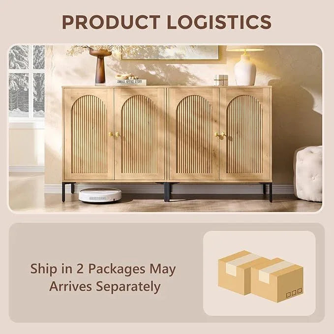 Bathroom Cabinet with Storage, 61.75" W Fluted Arched Free Standing Floor Cabinet w/Adjustable Shelves, Modern Sideboard Cabinet for Bathroom, Kitchen, Living Room, Entryway, Natural - ModernBath