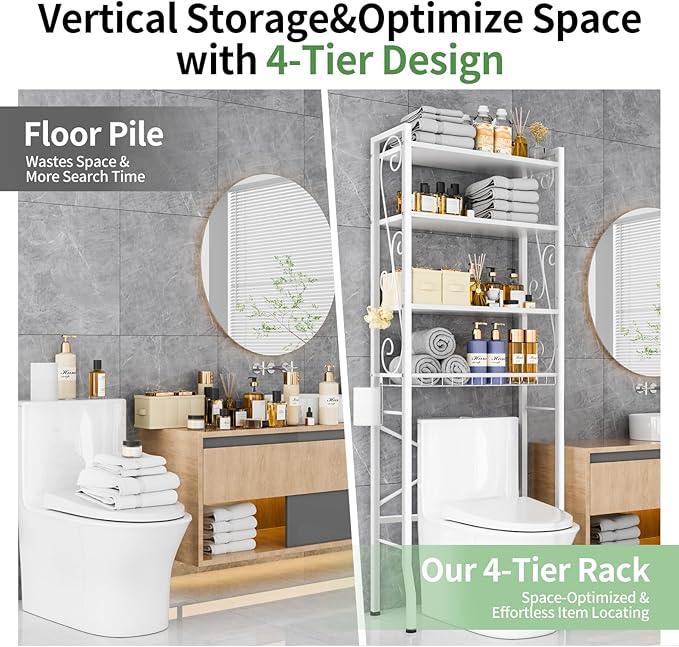 Over-The-Toilet Storage Rack 4-Tier,Bathroom Organizer Shelf Over Toilet,Adjustable Wooden Shelves and Basket,Freestanding Above Toilet Shelve,Space Saver for Rooms(White Rack-White Shelves) - ModernBath