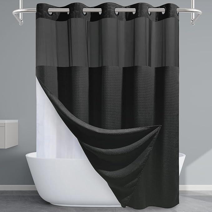 EUTXL Black Long Shower Curtain with Liner - 230GSM Waffle Textured Heavy Duty Shower Curtains for Bathroom,71W x 86H - ModernBath
