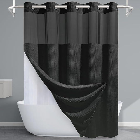 EUTXL Black Long Shower Curtain with Liner - 230GSM Waffle Textured Heavy Duty Shower Curtains for Bathroom,71W x 86H - ModernBath