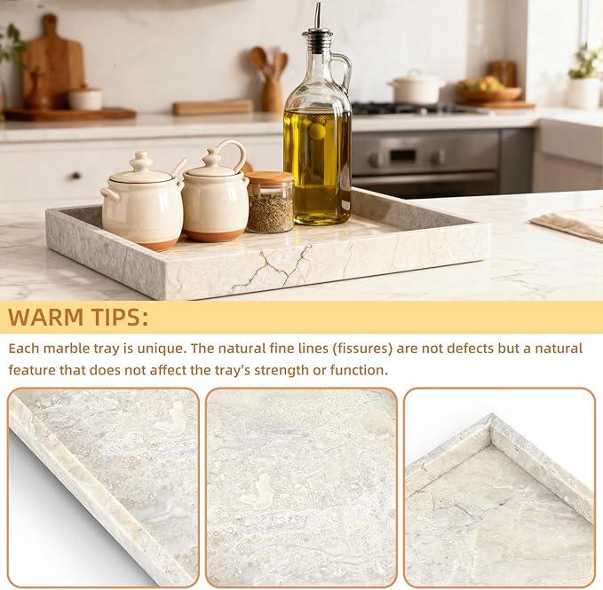 Yew & Tulip Natural Marble Vanity Tray, Luxury Stone with Beige Textures Serving Tray for Bathroom, Kitchen, Vanity, Home Decor, Wedding etc. (12" x 8" x 1.2") - ModernBath