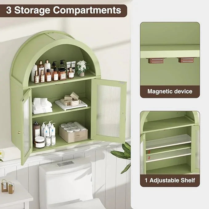 Arched Bathroom Cabinet, Wall Mounted Bathroom Cabinet with Tempered Glass Doors and Adjustable Shelf, for Kitchen, Living Room, Laundry Room, Restroom, Green - ModernBath