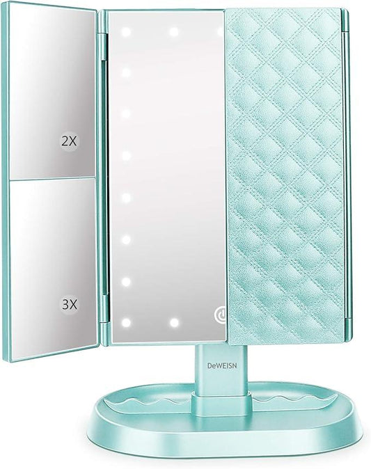 deweisn Trifold Lighted Vanity Makeup Mirror with 21 LED Lights,1x/2x/3x Magnification Touch Screen Dimming,Two Power Supplies Makeup Mirror, Gift for Women - ModernBath