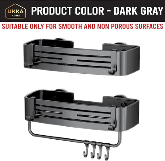 UKKA HOME Suction Cup SQUARE Shower Caddy with Hooks and Towel Bar for Bathroom. Aluminum, Reusable, Rustproof, No Drill, No Tools, No Glue. Multifunctional, Hang Towel, Loofah, Sponge (2 Pack, Gray) - ModernBath