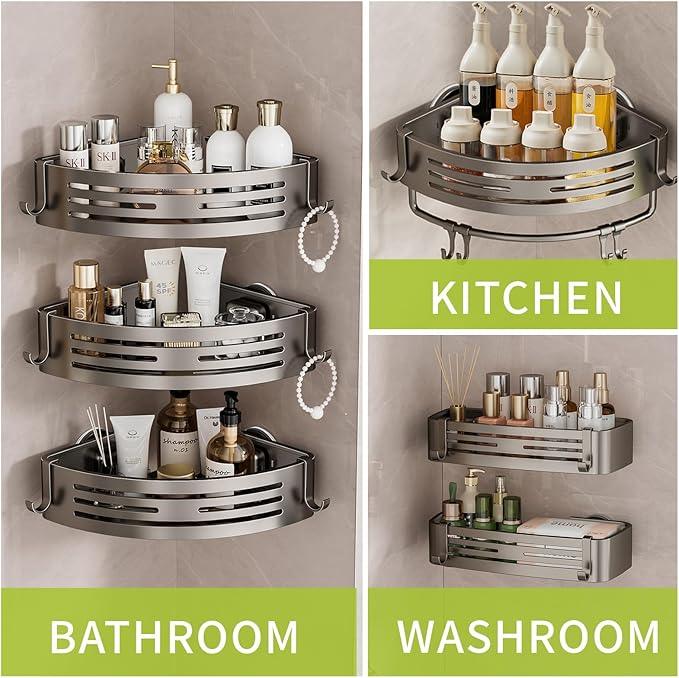 Shower Caddy Suction Cup, No Drilling Rustproof Bathroom Shower Shelf,Corner Shower Shelves with 6 Portable Hooks, Removable Bath Organizer with Towel Bar for Bathroom Hanging Storage(Gray) - ModernBath
