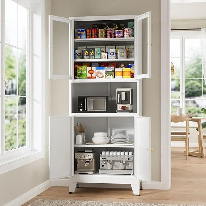 Metal Kitchen Pantry Cabinet, 69" Tall Storage Cabinet with 4 Doors and 3 Adjustable Shelves, Freestanding Cupboards for Dining Room, Living Room, Bathroom (White-Glass, 69" H) - ModernBath