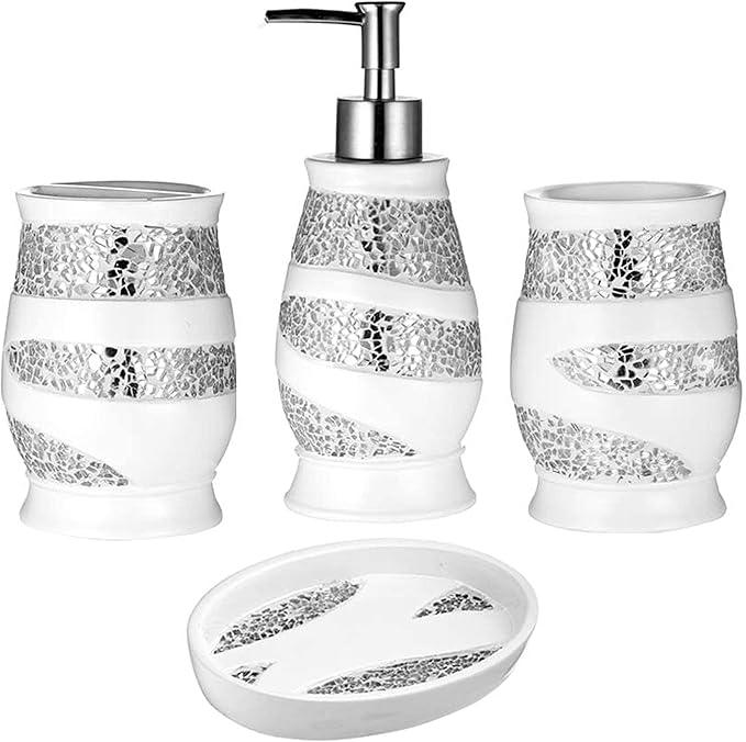 Zahari Home 4pc Sinatra Stylish Bathroom Accessories Set White Soap Dispenser, Tumbler, Tooth Brush Holder and Soap Dish Modern Classic Luxury Decor Bling Mosaic Glass White Bathroom Accessories - ModernBath