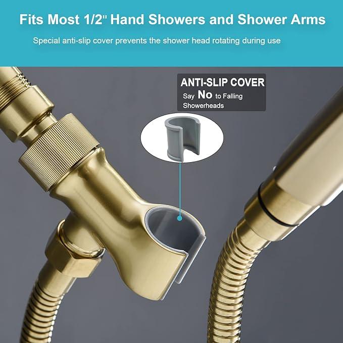 Shower Head Holder All Metal Adjustable Handheld Shower Arm Mount, 1/2" Shower Hose Holder Fits Most Hand Showerheads, Brass Hand Held Shower Head Holder , Easy to Install(Brushed Gold) - ModernBath