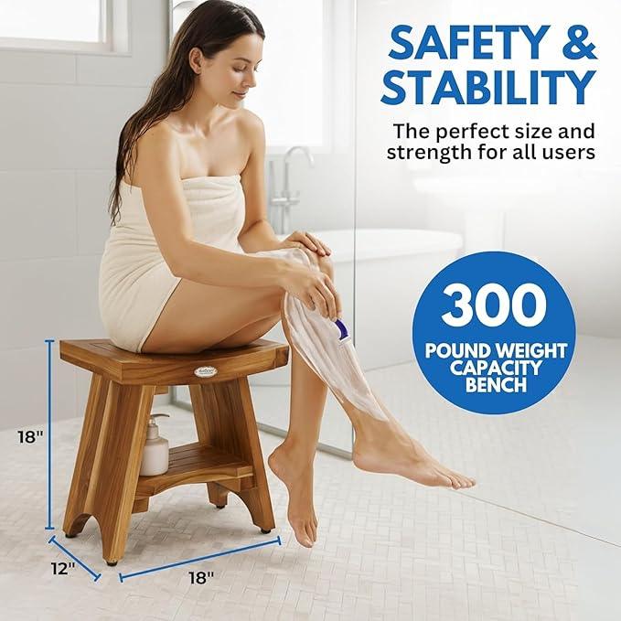 EcoDecors Teak Shower Bench 18", 300 lb Capacity – Waterproof Wood Bath Seat with Shelf, Spa Seating for Adults – Compact Fit for Small Bathrooms & Walk-in Showers – Slip-Resistant Feet - ModernBath