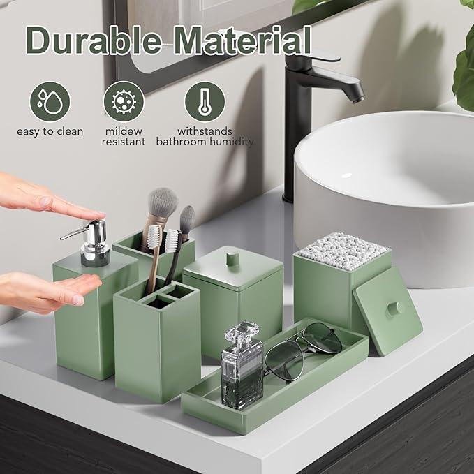 Sage Green Bathroom Accessories Set Resin 6PCS, Square Toothbrush Holders Set Complete with Soap Dispenser, Vanity Tray, Tumbler, Cups and Cotton Swab Jars for Counter, Sink or Small Spaces - ModernBath