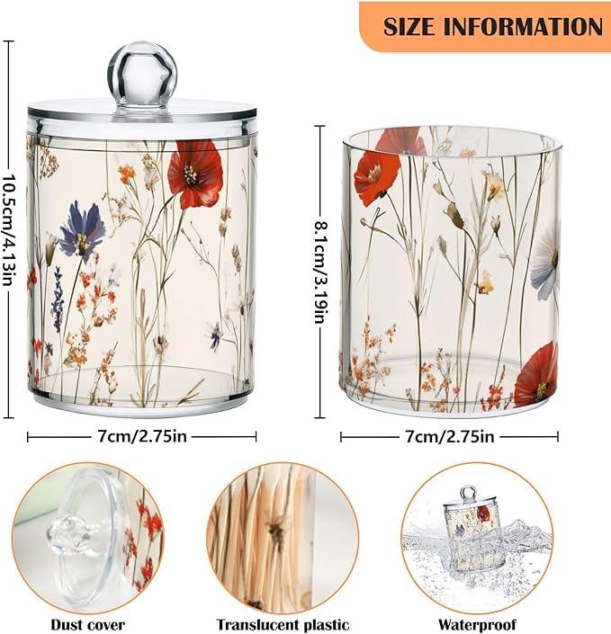 Tatenale Qtip Holder Bathroom Set Q tip Cotton Ball Swab Pad Dispenser Container Organizer Plastic Jars with Lids Storage 2Pack Beige Wild Flowers - ModernBath