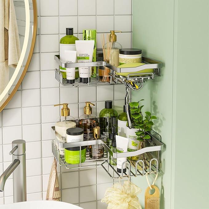 HapiRm Corner Shower Caddy with Shampoo Holder, Shower Organizer with 11 Hooks, No Drilling Rustproof Stainless Steel Bathroom Shelves - Silver (Only for 90 ° Right Angle) - ModernBath