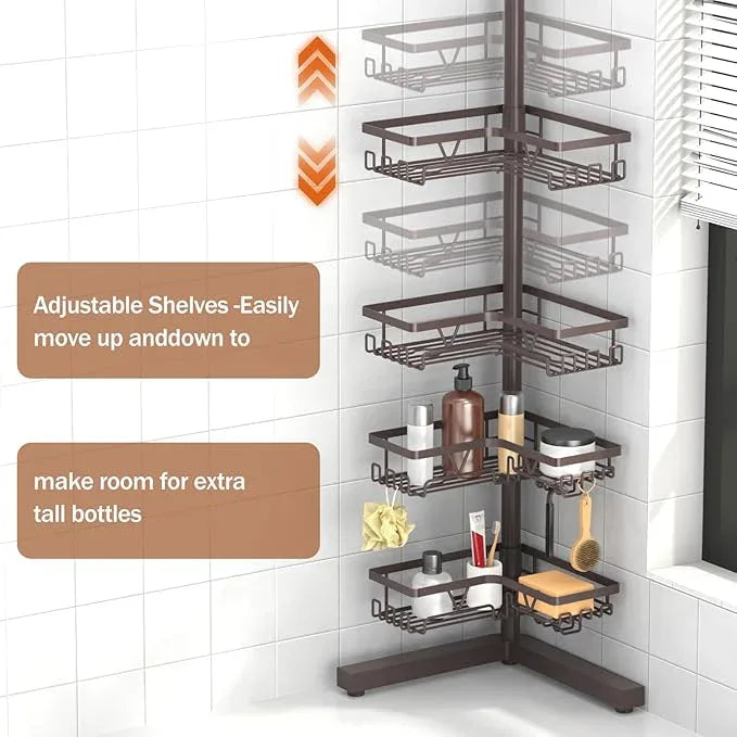 KEGII Floor Corner Shower Caddy Standing, Rustproof 4-Tier Shower Shelf Organizer with Hooks & Soap Holder, Free-Standing Bathroom Storage Rack for Shampoo & Toiletries, Bronze - ModernBath
