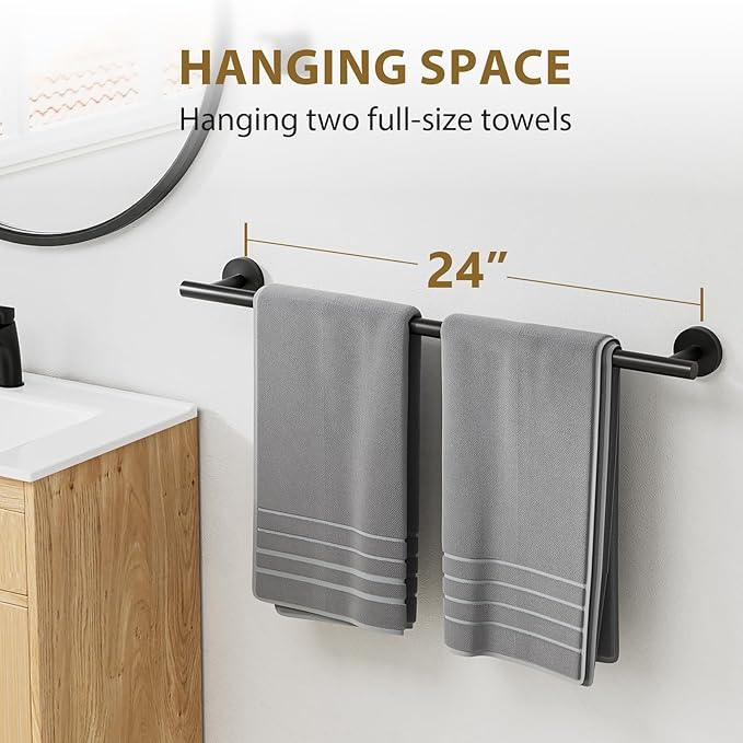 2 Pack Matte Black Towel Bar 24 Inch, Thicken Towel Rack for Bathroom Wall, SUS304 Stainless Steel Towel Rod, Modern Home Decor (Total Length 26-Inch) - ModernBath