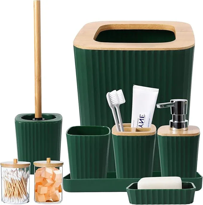 XLHOMO Dark Green Bathroom Accessories Set, 9-Piece Green Bathroom Set with Trash Can, Tray, Soap Dispenser, Toothbrush Holder, Toothbrush Cup, Soap Dish, Toilet Brush and Q-tip Holders - ModernBath