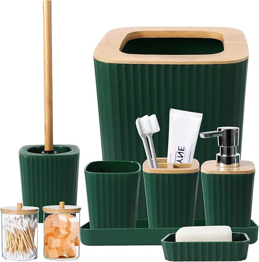 XLHOMO Dark Green Bathroom Accessories Set, 9-Piece Green Bathroom Set with Trash Can, Tray, Soap Dispenser, Toothbrush Holder, Toothbrush Cup, Soap Dish, Toilet Brush and Q-tip Holders - ModernBath