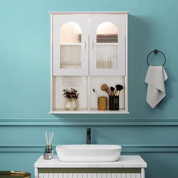 Bathroom Wall Cabinet with Lighting & Tissue Hole, Wall Mounted Glass Door Medicine Cabinet Over Toilet Storage for Laundry Room Kitchen - ModernBath