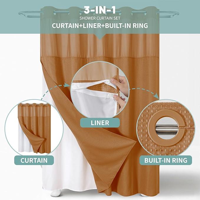 eachope BurntOrange Extra Long No Hook Waffle Weave Shower Curtain with snap-in Liner Replacement, 230GSM Waterproof Fabric Hotel Shower Curtain Set for Bathroom, Through Mesh Top Window,71Wx86H - ModernBath