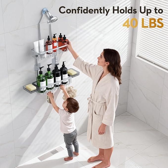 VALORDINE Shower Caddy Hanging, Shower Organizer Hanging, Aluminum Shower Racks for Inside Shower with Hooks for Razor, Never Rust Bathroom Organizers and Storage with Soap Holder, Bright Silver - ModernBath